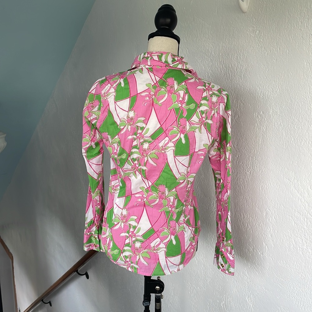 Lilly Pulitzer Pink and‎ Green Floral Cotton Long Sleeve Blouse - Picture 4 of 8